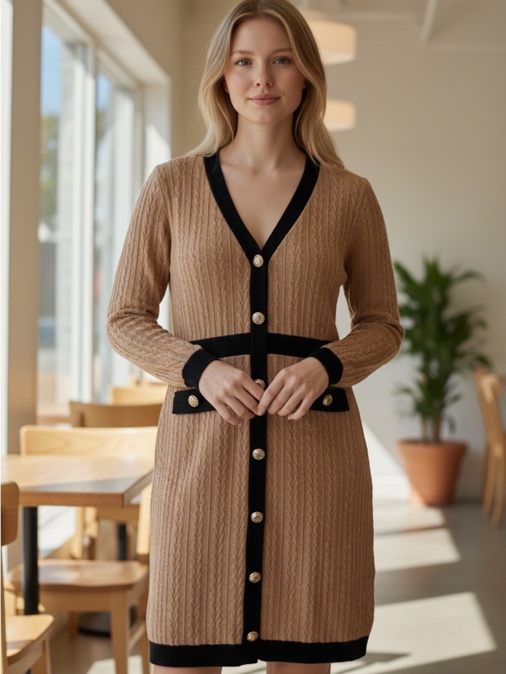 Tan Contrast-Trim Midi Dress with Gold Buttons